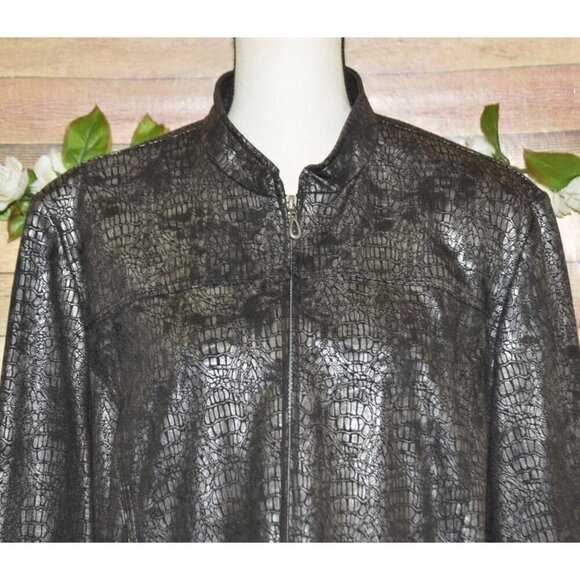 Alfred Dunner Silver Metallic Croc Print Faux Leather Full Front Zip Up Jacket S - Picture 4 of 11